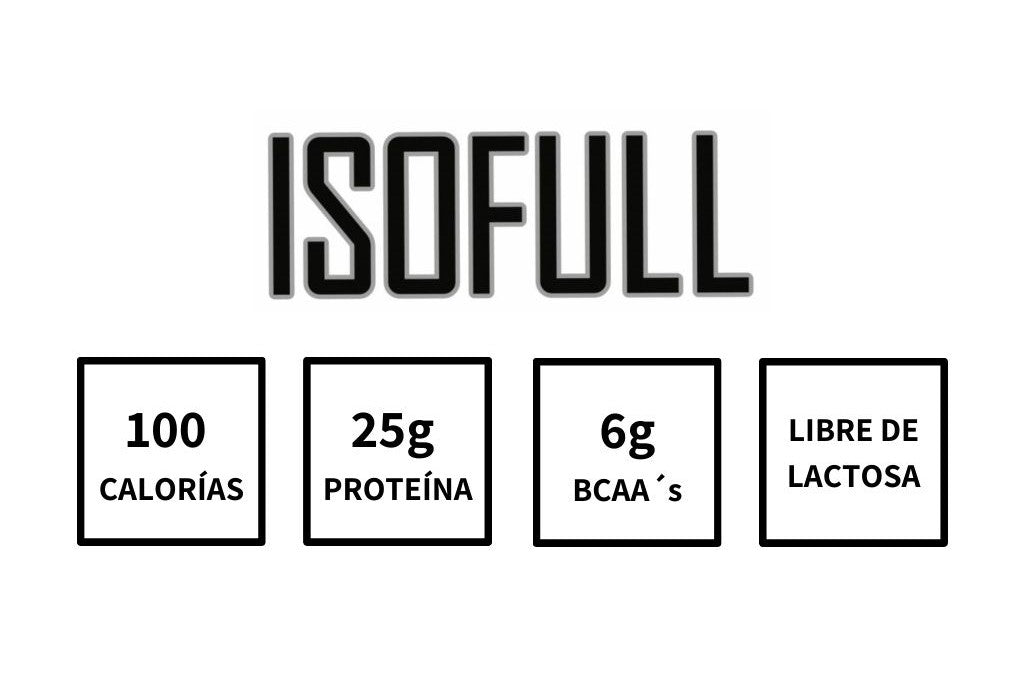 Isofull, 100 calorías, 25 gramos de proteína, 6 gramos de bcaa´s, libre de lactosa 